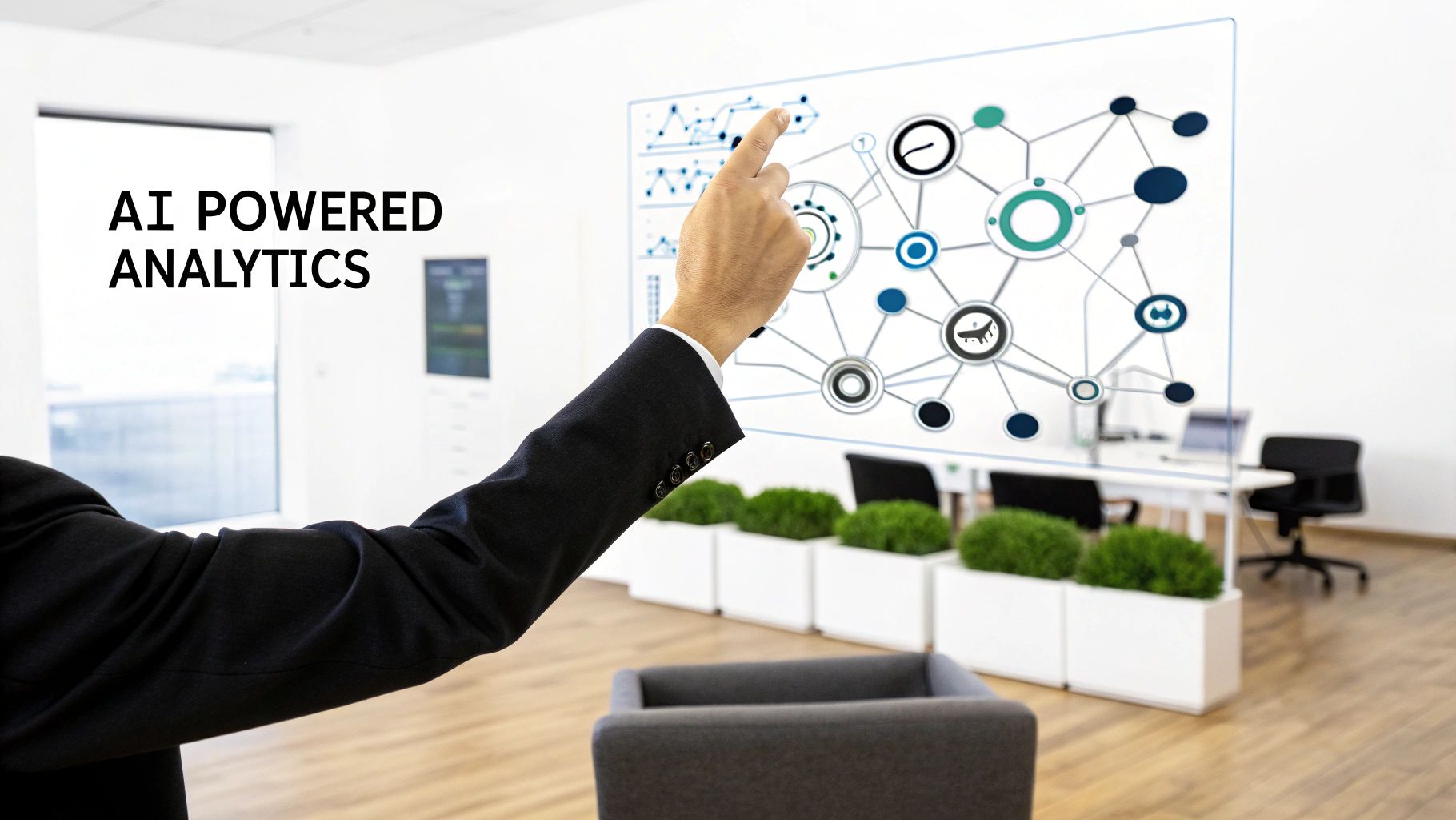 Businessman interacts with a holographic display showing AI-powered analytics in a modern office.