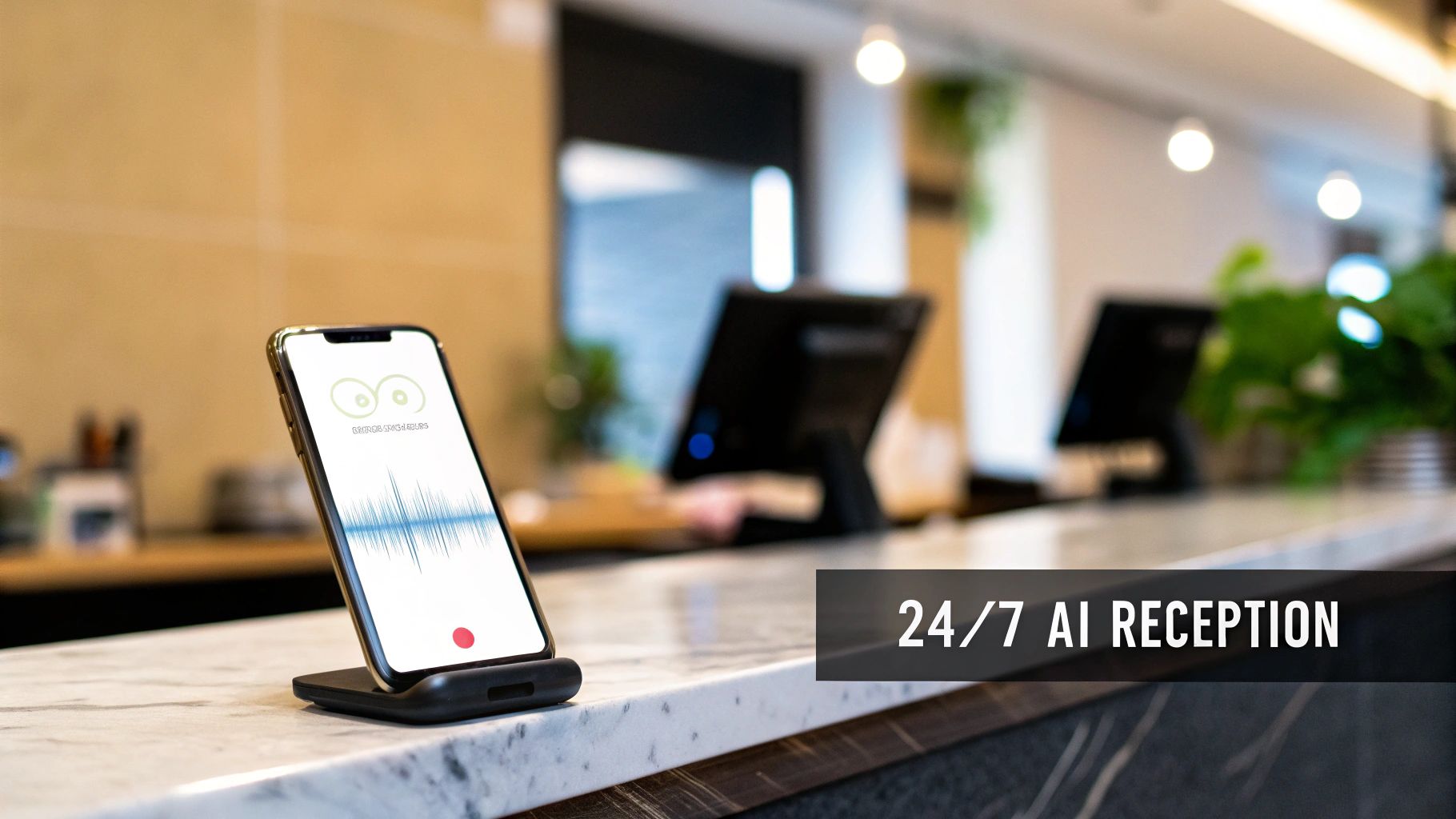 AI reception on a smartphone with eyes and sound wave, on a counter in a modern lobby.
