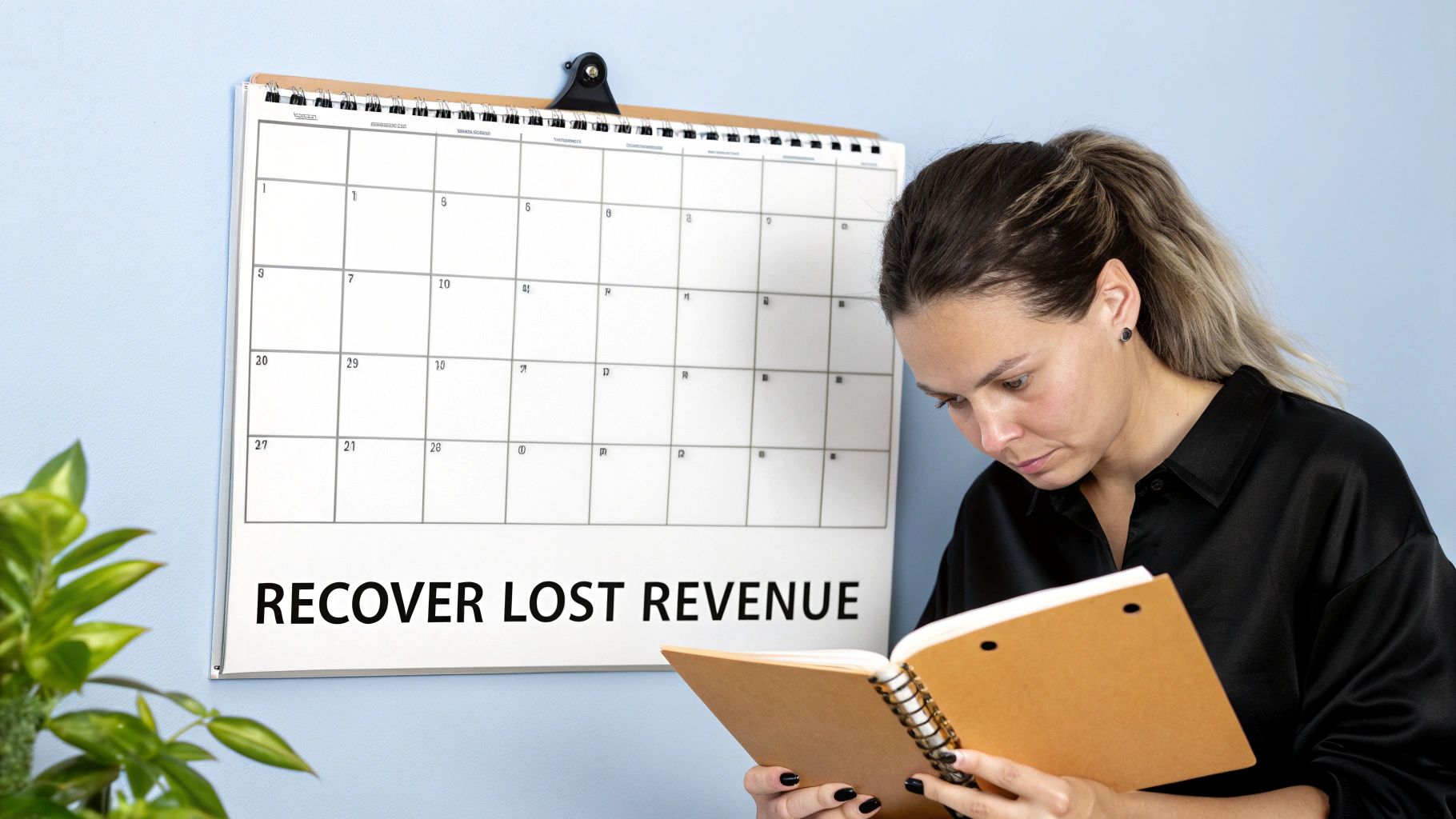 A focused woman reads a notebook, with a calendar on the wall displaying "RECOVER LOST REVENUE."
