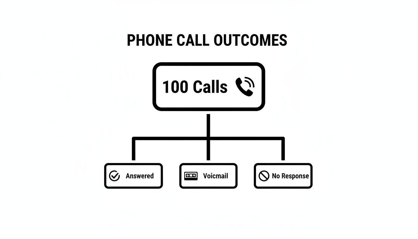 Flowchart illustrating the outcomes of 100 phone calls: Answered, Voicemail, or No Response.