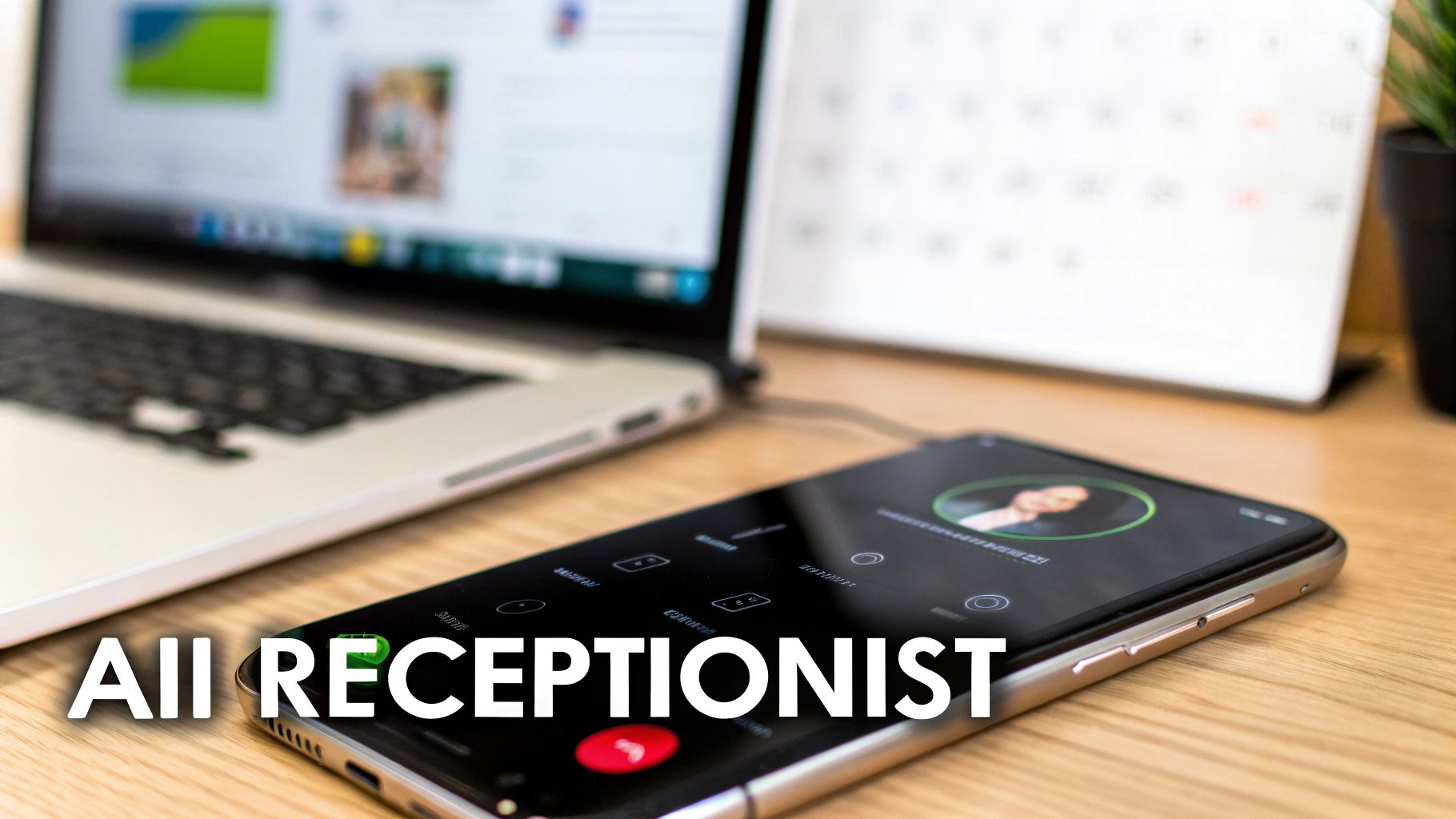 A smartphone displaying a call screen with a profile picture and 'AII RECEPTIONIST' text overlay on a wooden desk.