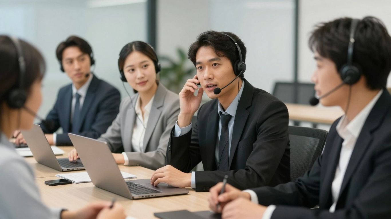 People communicating effectively with headsets in an office.