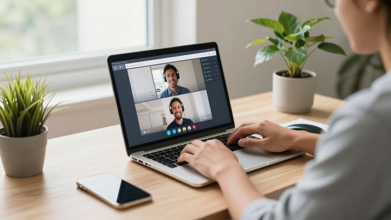Person working in a bright, modern home office with a laptop.