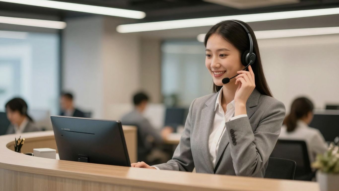 Business professional answering a phone call with a smile.