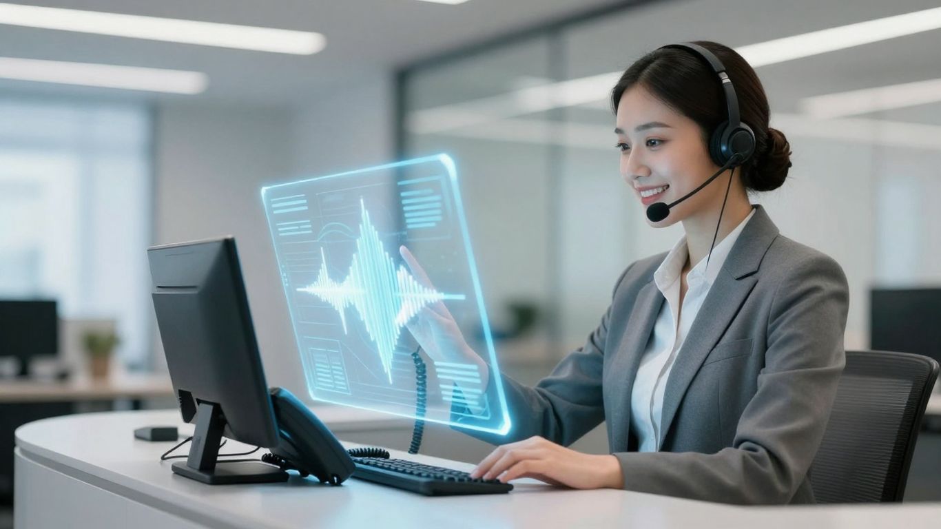 Business professional using advanced phone technology for customer service.