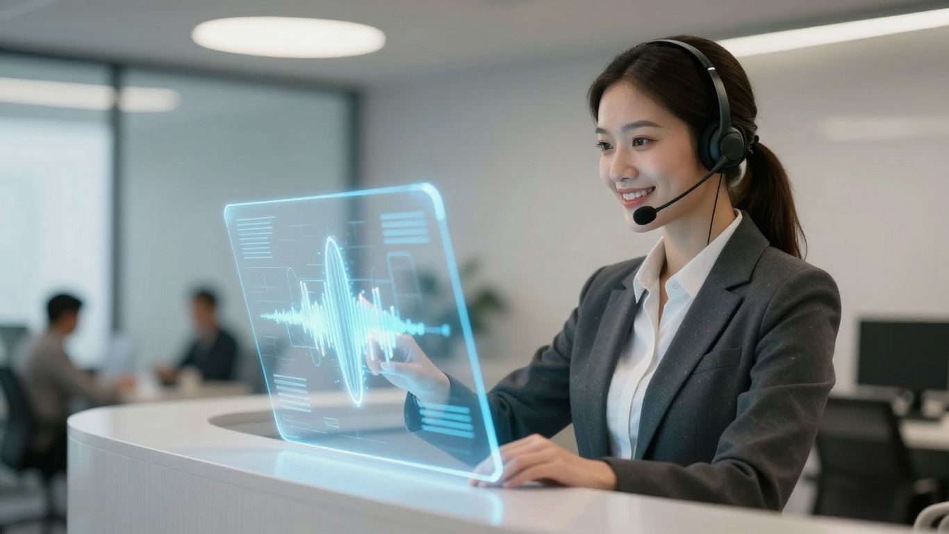 Businesswoman with headset and holographic interface.