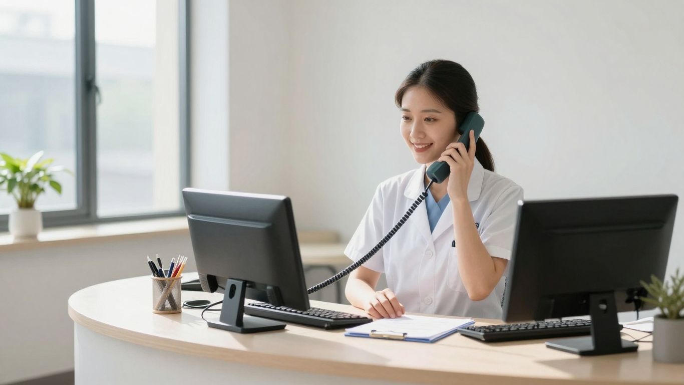 Medical office receptionist answering a phone with a smile.