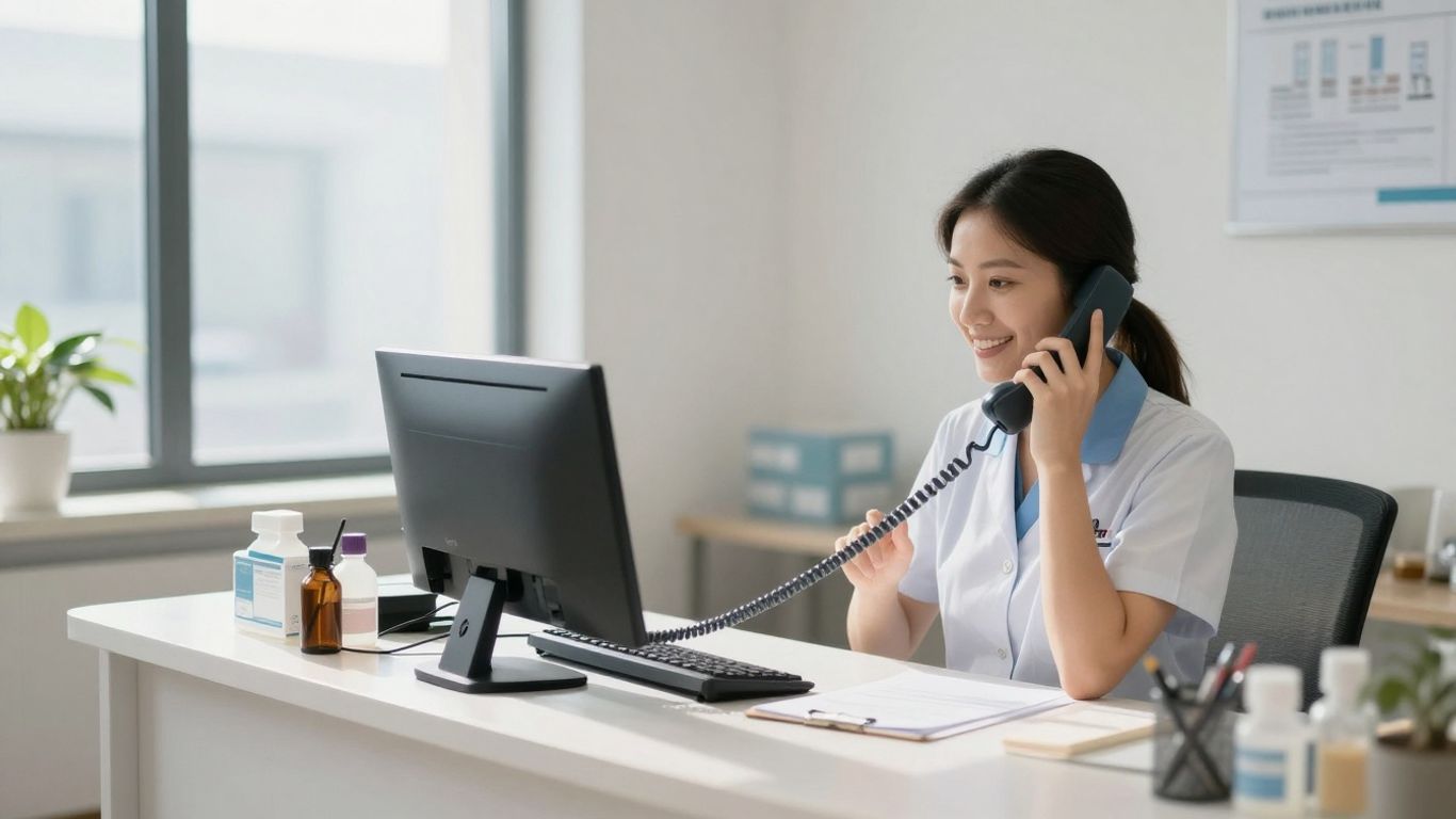 Medical office receptionist answering phone, patient communication