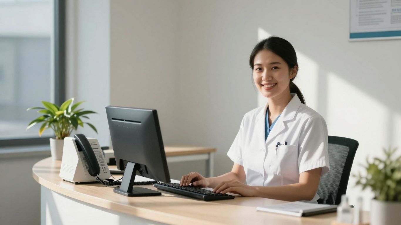 Medical office receptionist assisting a patient on the phone.