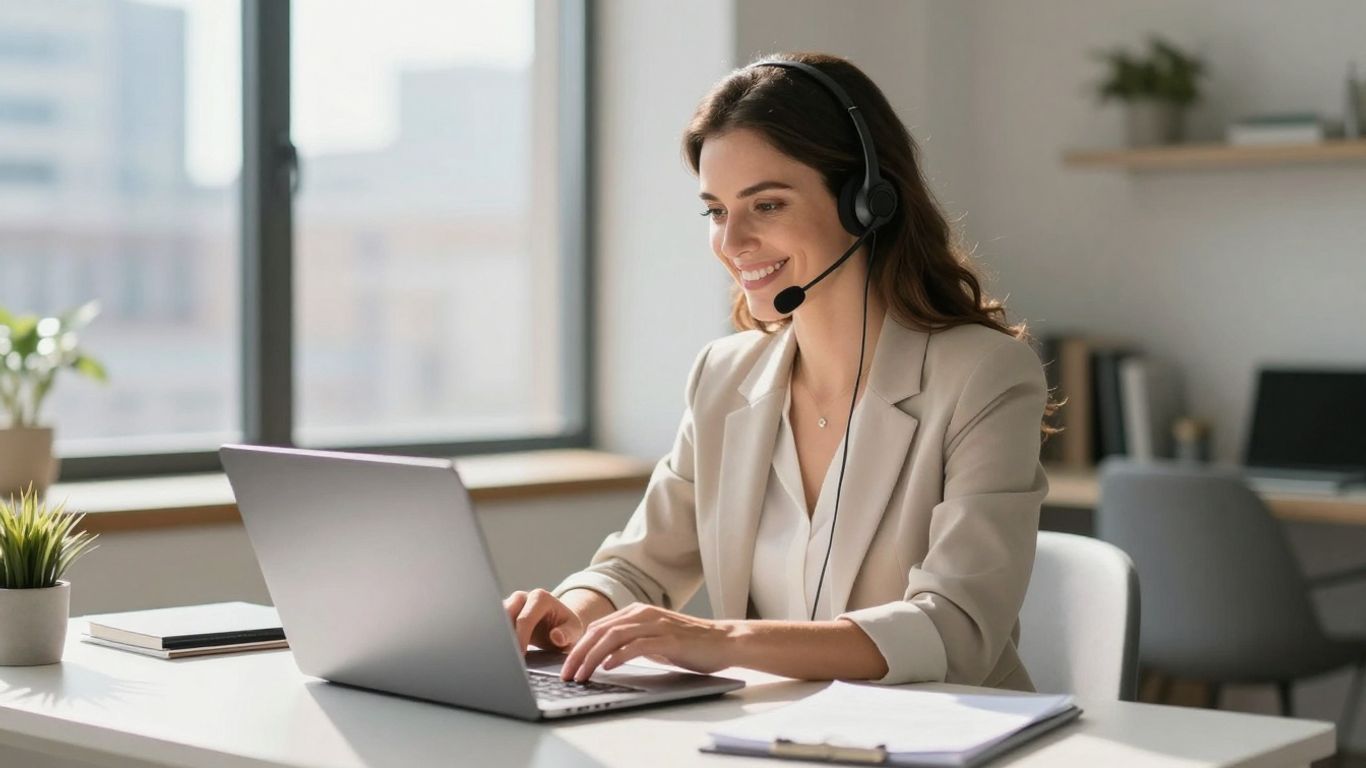 Virtual receptionist working from home with Chicago skyline.