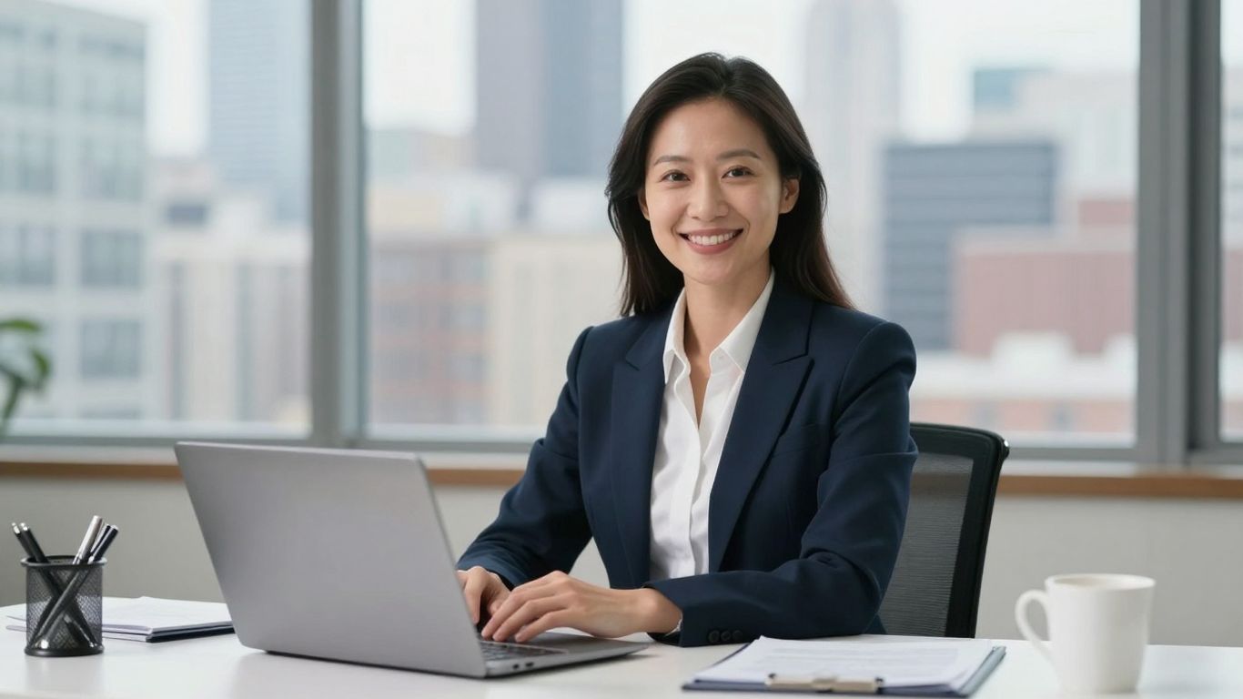 Virtual receptionist working remotely with Chicago skyline.