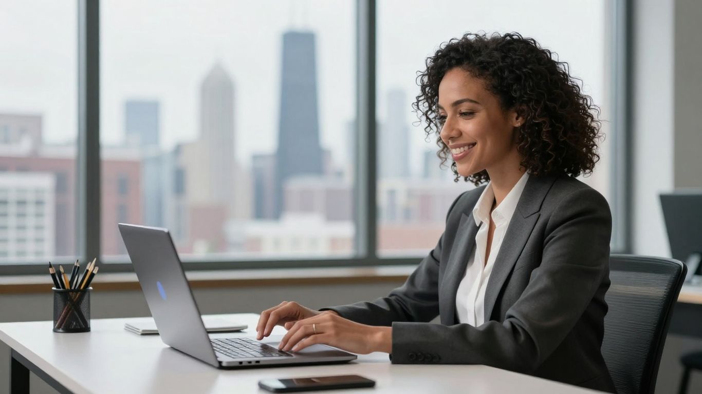 Virtual receptionist working remotely with Chicago skyline.