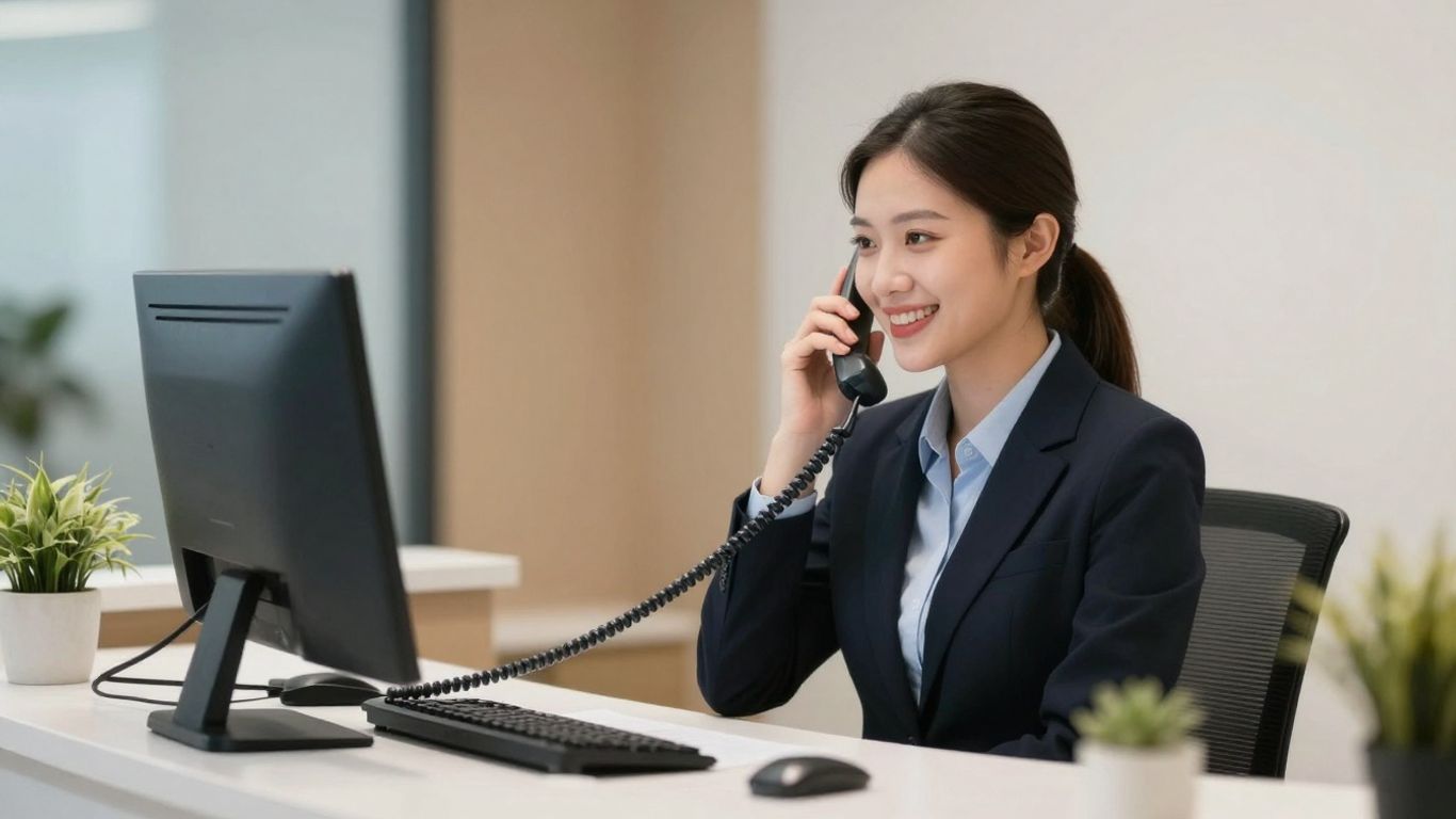 Business answering service receptionist taking a call.