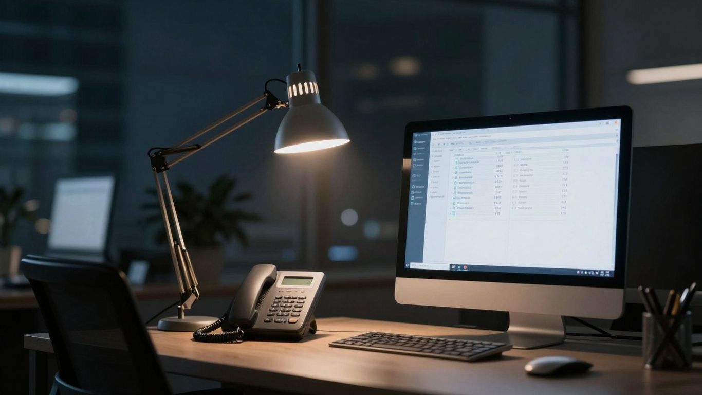 Business phone ringing after hours with a city view.