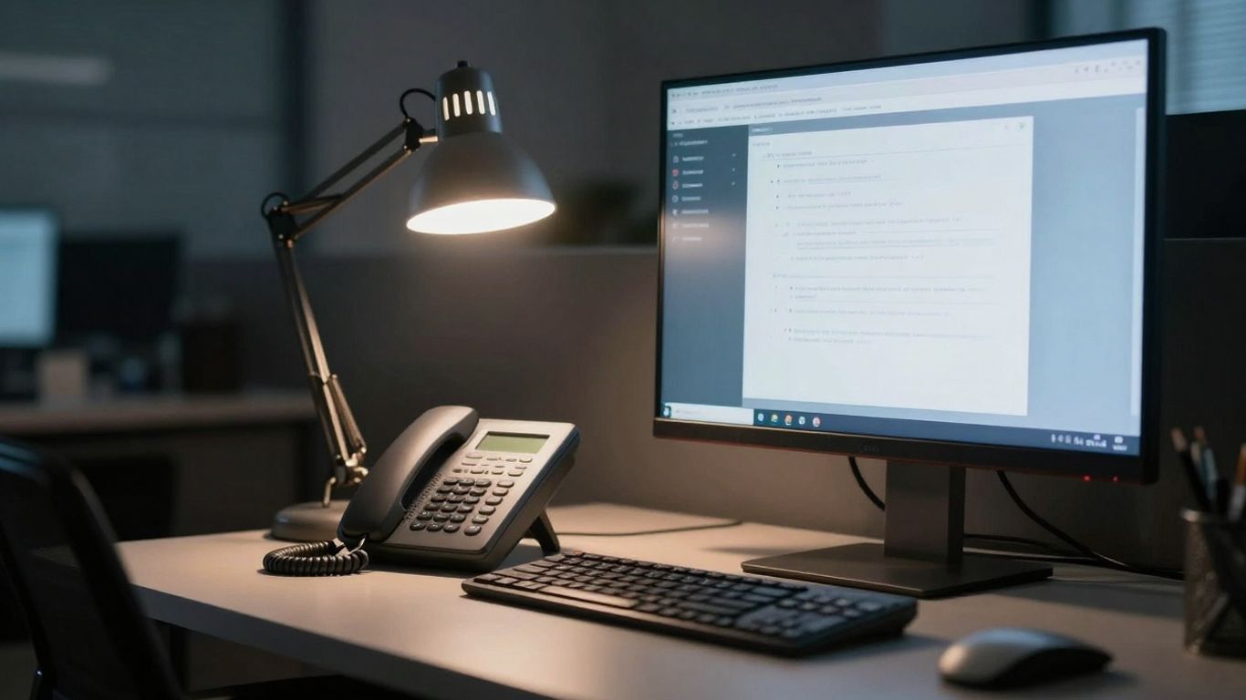 Business phone and computer at night