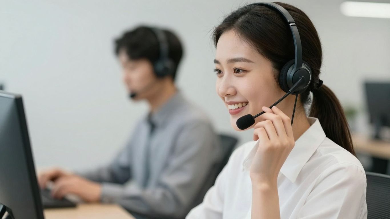 Call center agent actively listening and speaking into headset.