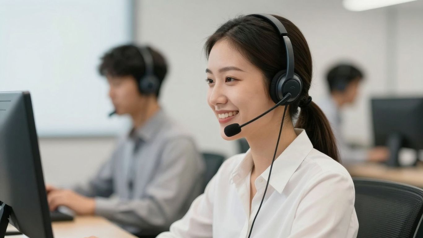 Call center agent handling customer call with a smile.