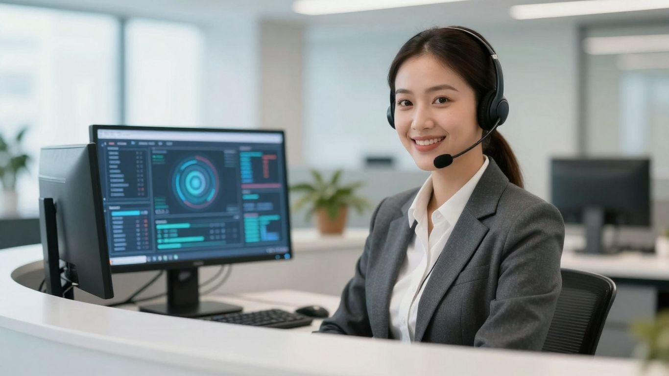 Professional receptionist using headset with blurred technology background.