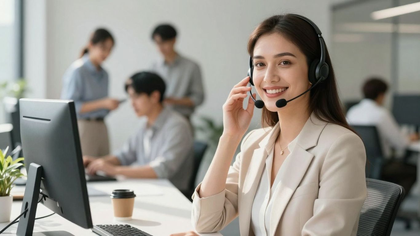 Professional woman with headset in a modern office.