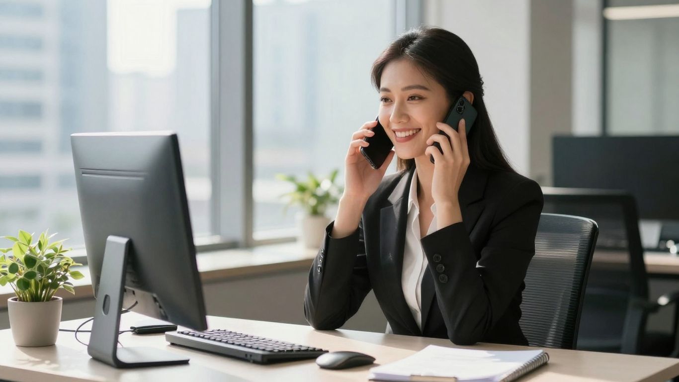 Professional woman answering phone in modern office.