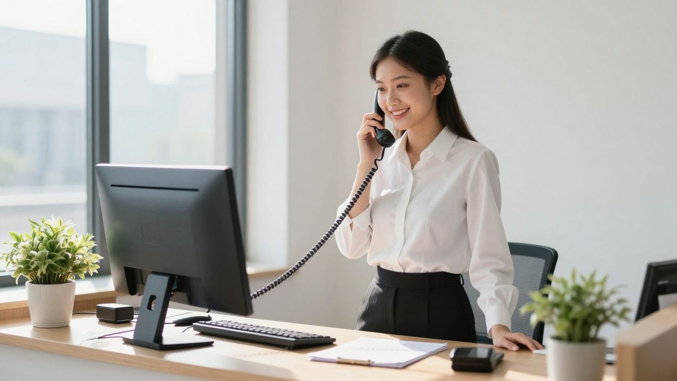 Property management answering service receptionist handling a call.