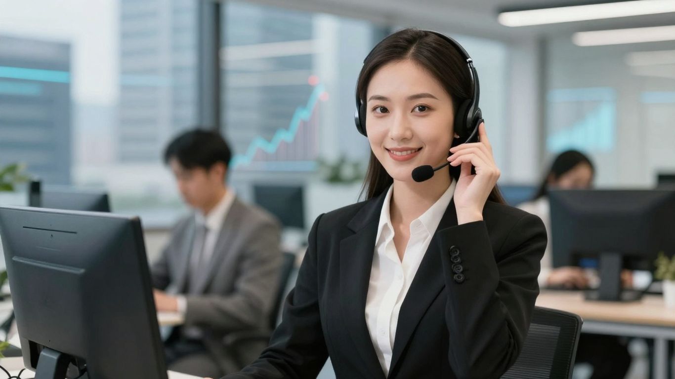 Professional woman with headset, modern office, technology, business growth.