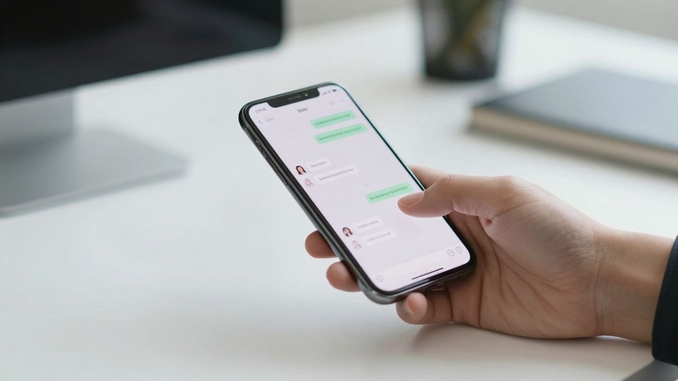 Smartphone showing text message conversation on office desk.