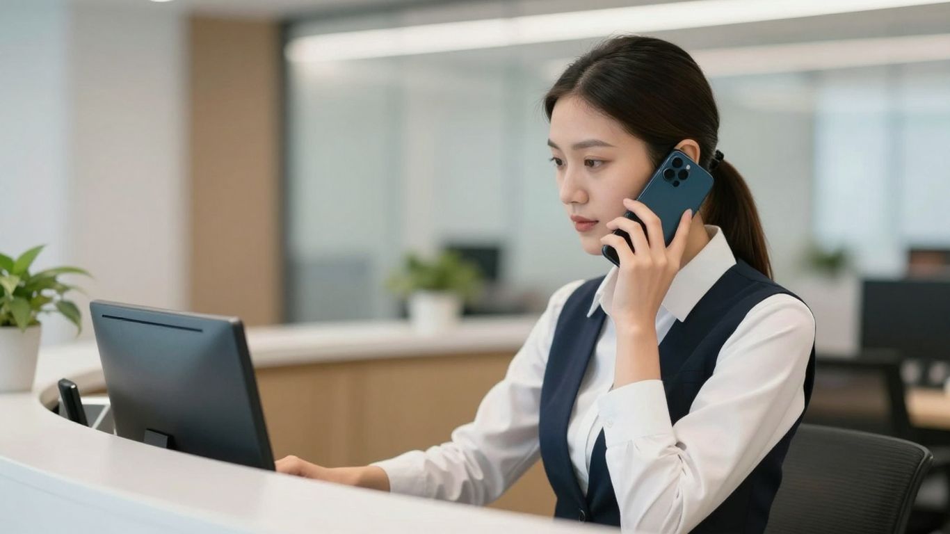 Professional receptionist answering a business phone.
