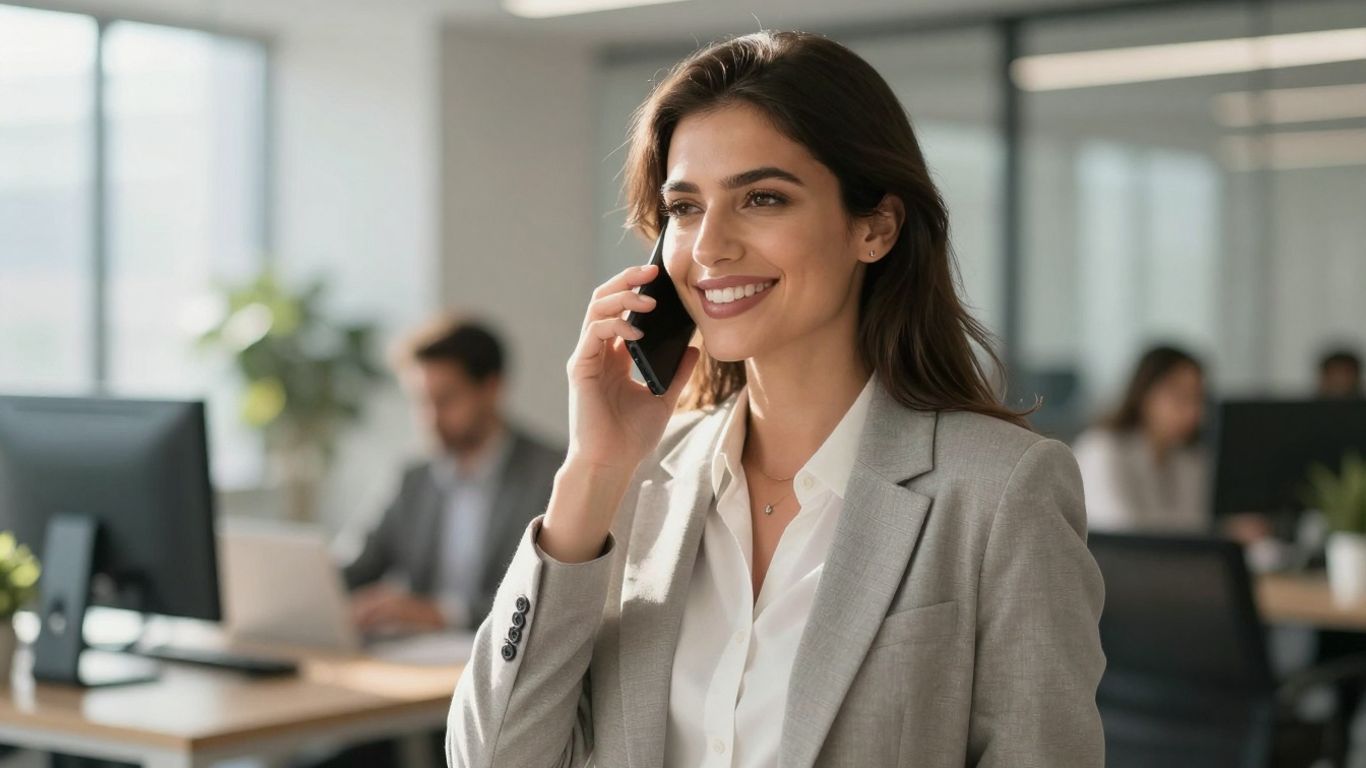 Professional woman answering phone, business growth concept.