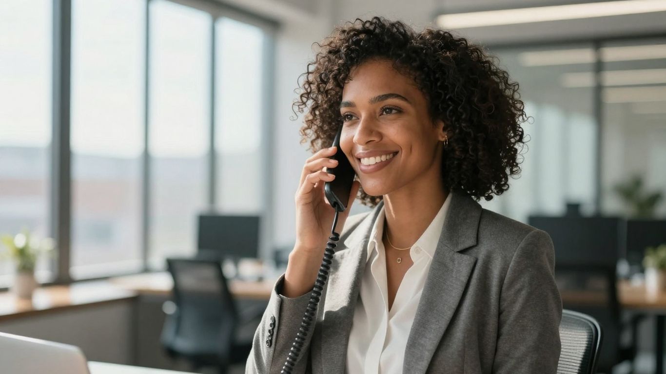 Businesswoman answering a phone with a smile.
