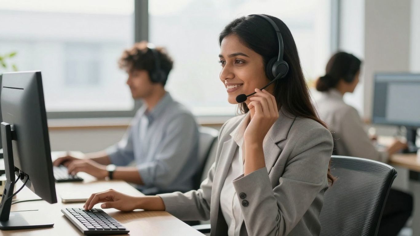 Businesswoman with headset in a modern office.