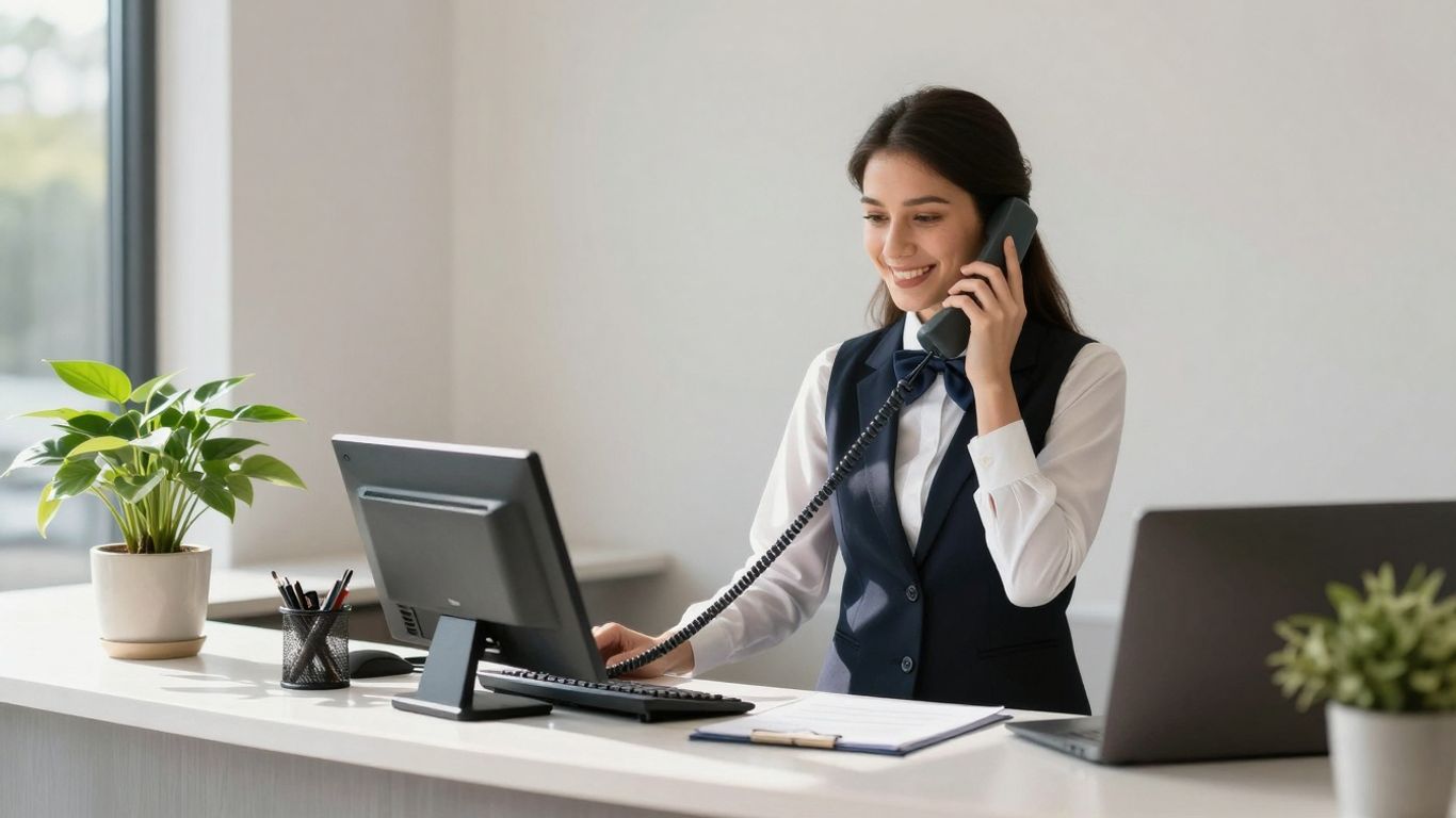 Professional receptionist at a desk answering a phone.
