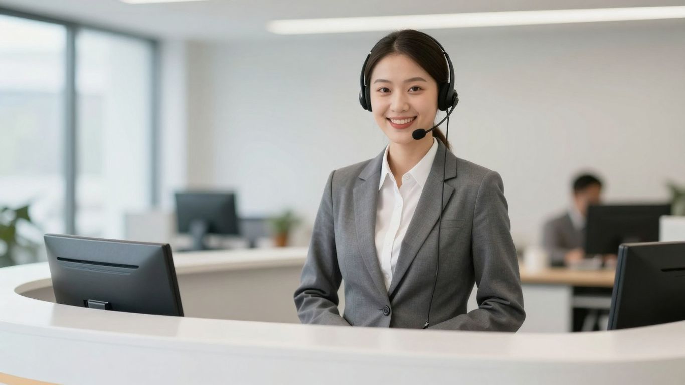 Professional receptionist at a modern office desk.
