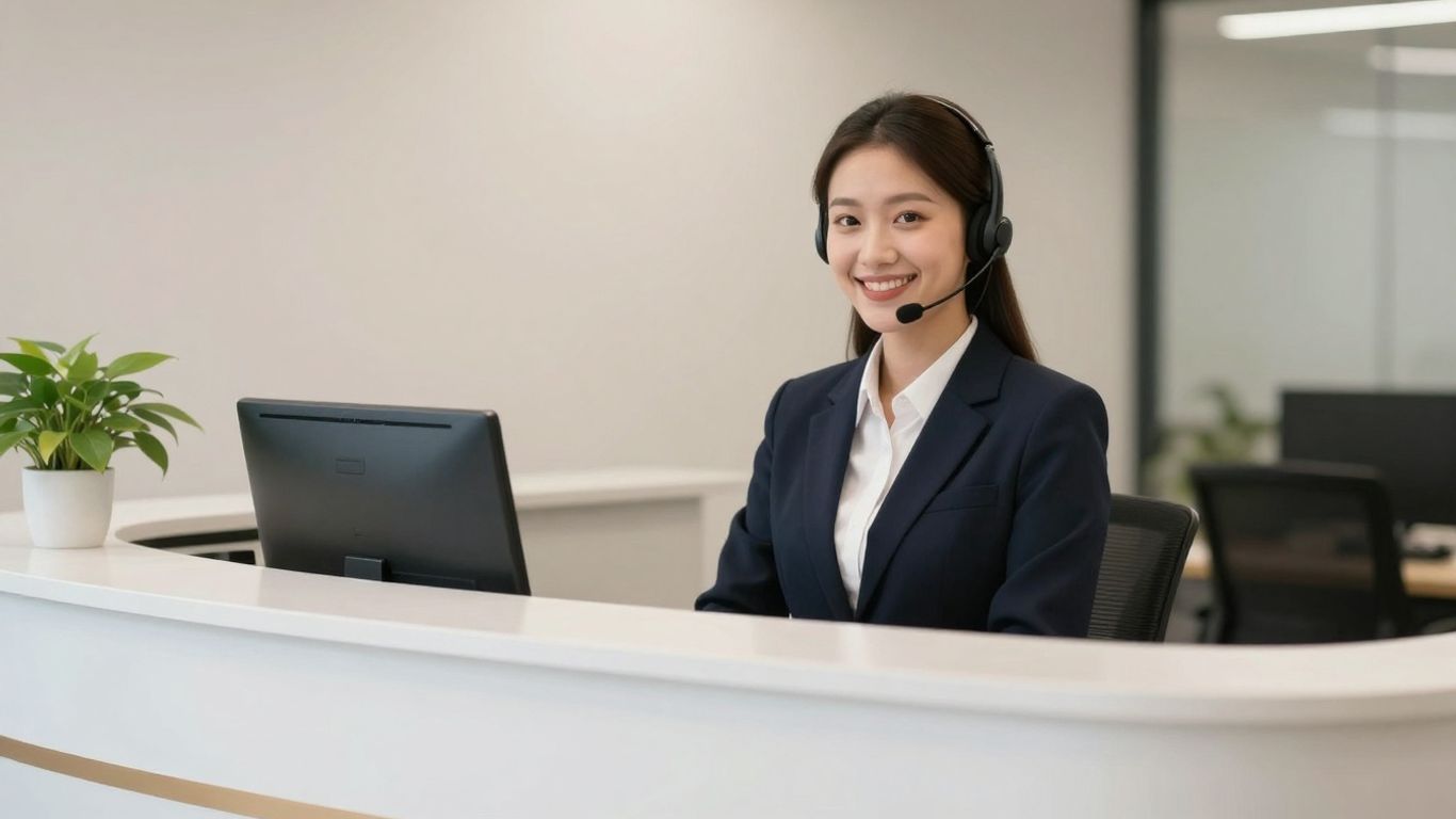 Professional receptionist at a modern desk