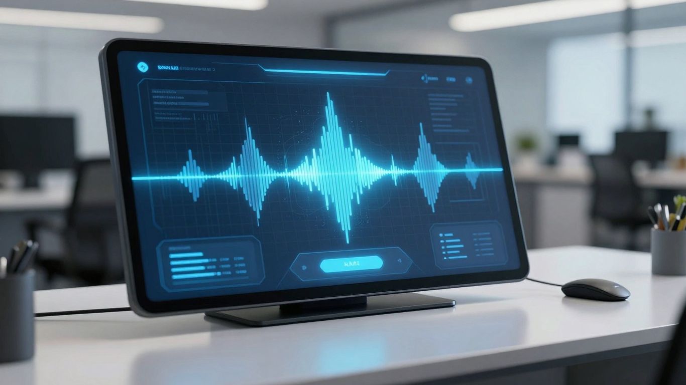 AI receptionist interface on a futuristic desk.