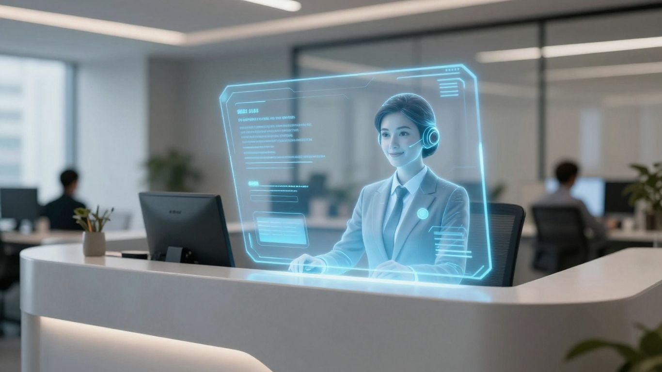 AI receptionist interface in a modern office setting.
