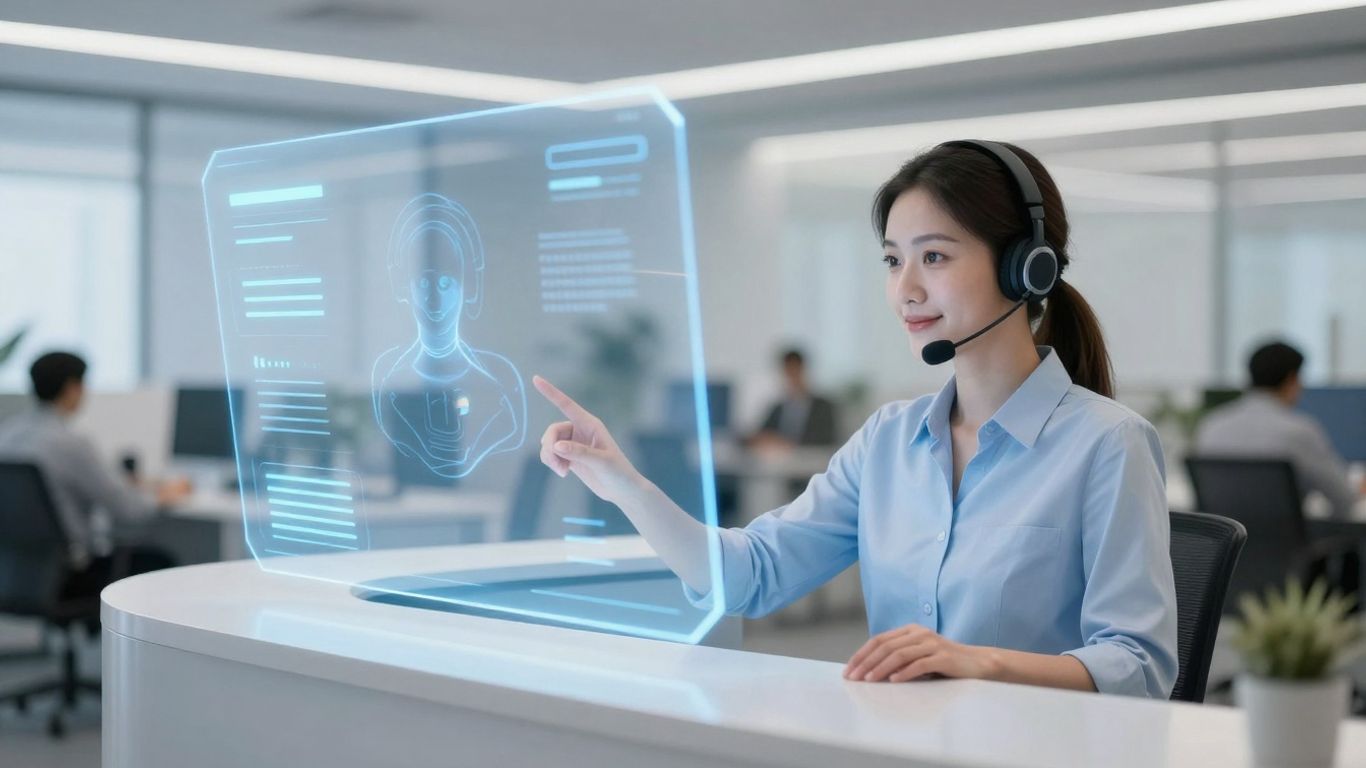 AI receptionist interface on a futuristic display.