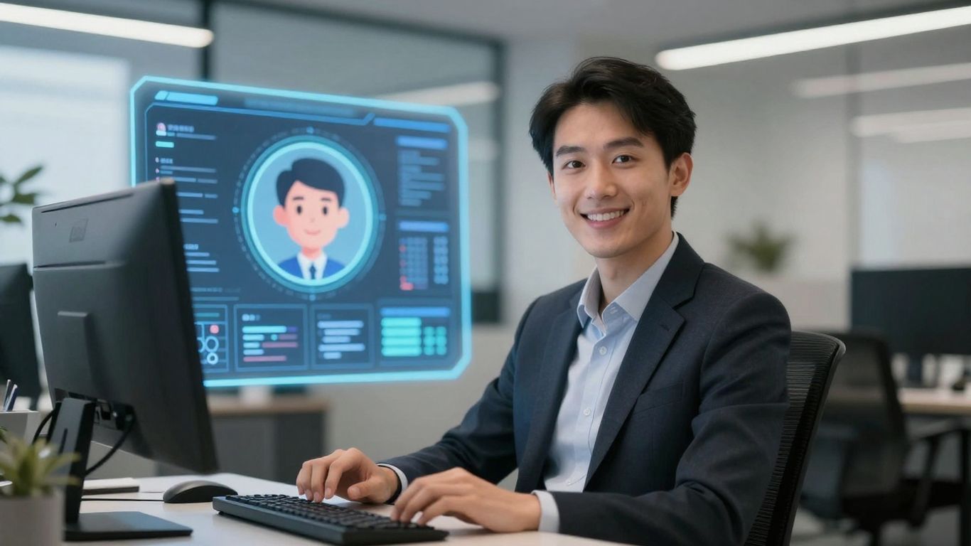 AI virtual receptionist avatar with a modern office background.