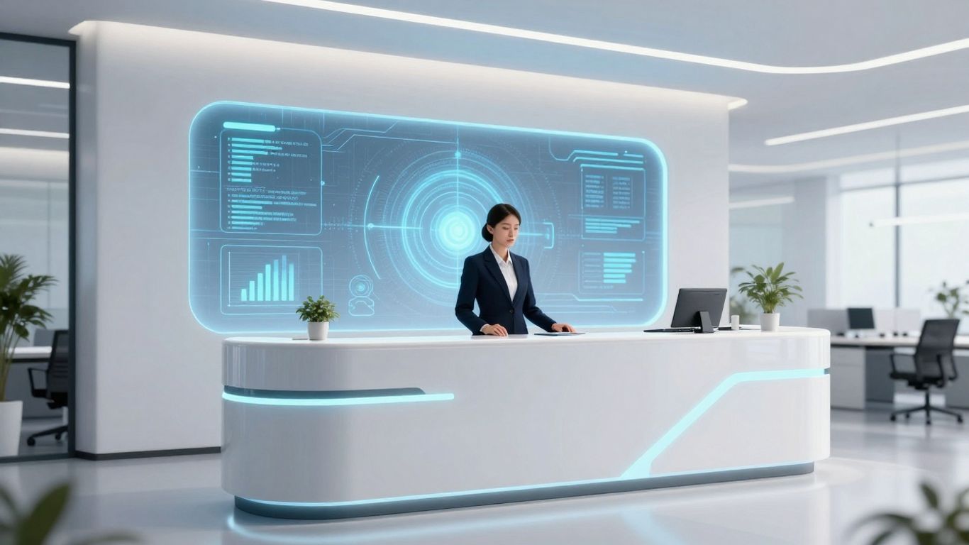 AI receptionist interface in a modern office.