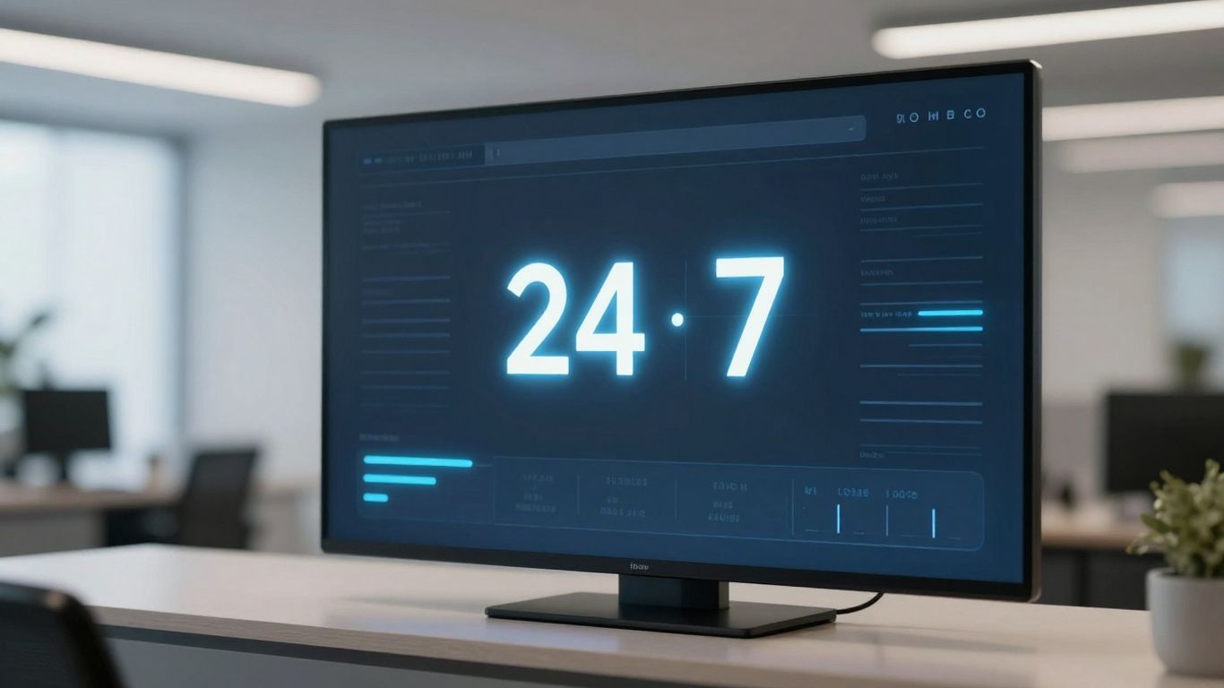 AI receptionist interface with 24/7 clock and time controls.