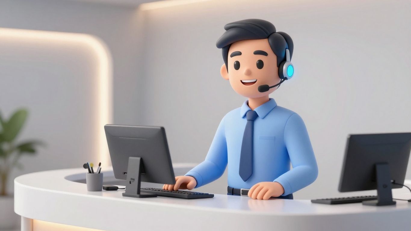 AI receptionist avatar at a modern reception desk.