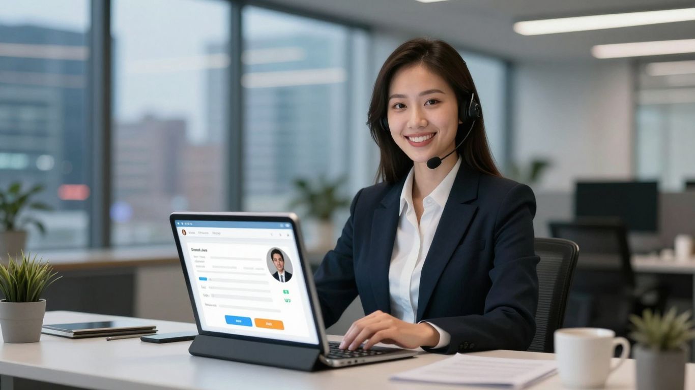 AI virtual receptionist interface on a tablet.