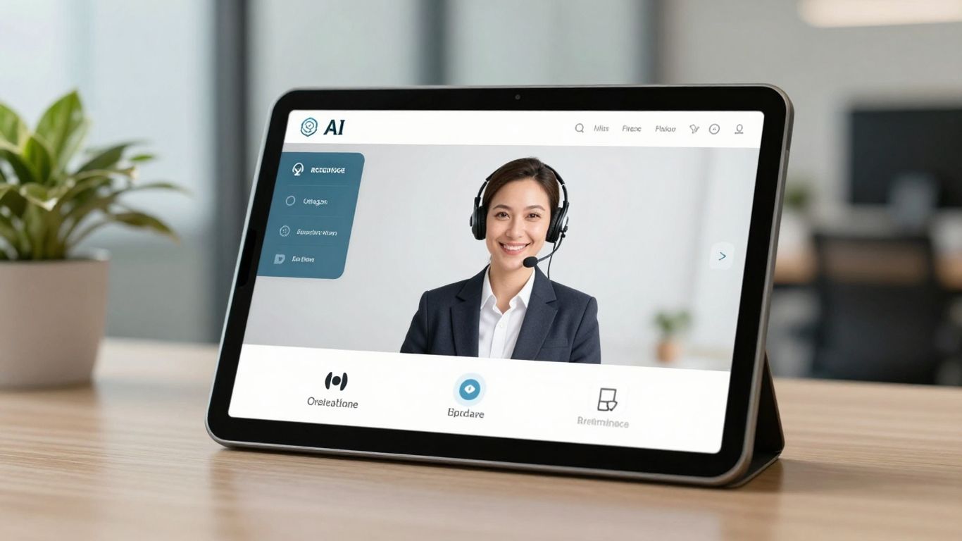 AI virtual receptionist interface on a tablet in an office.