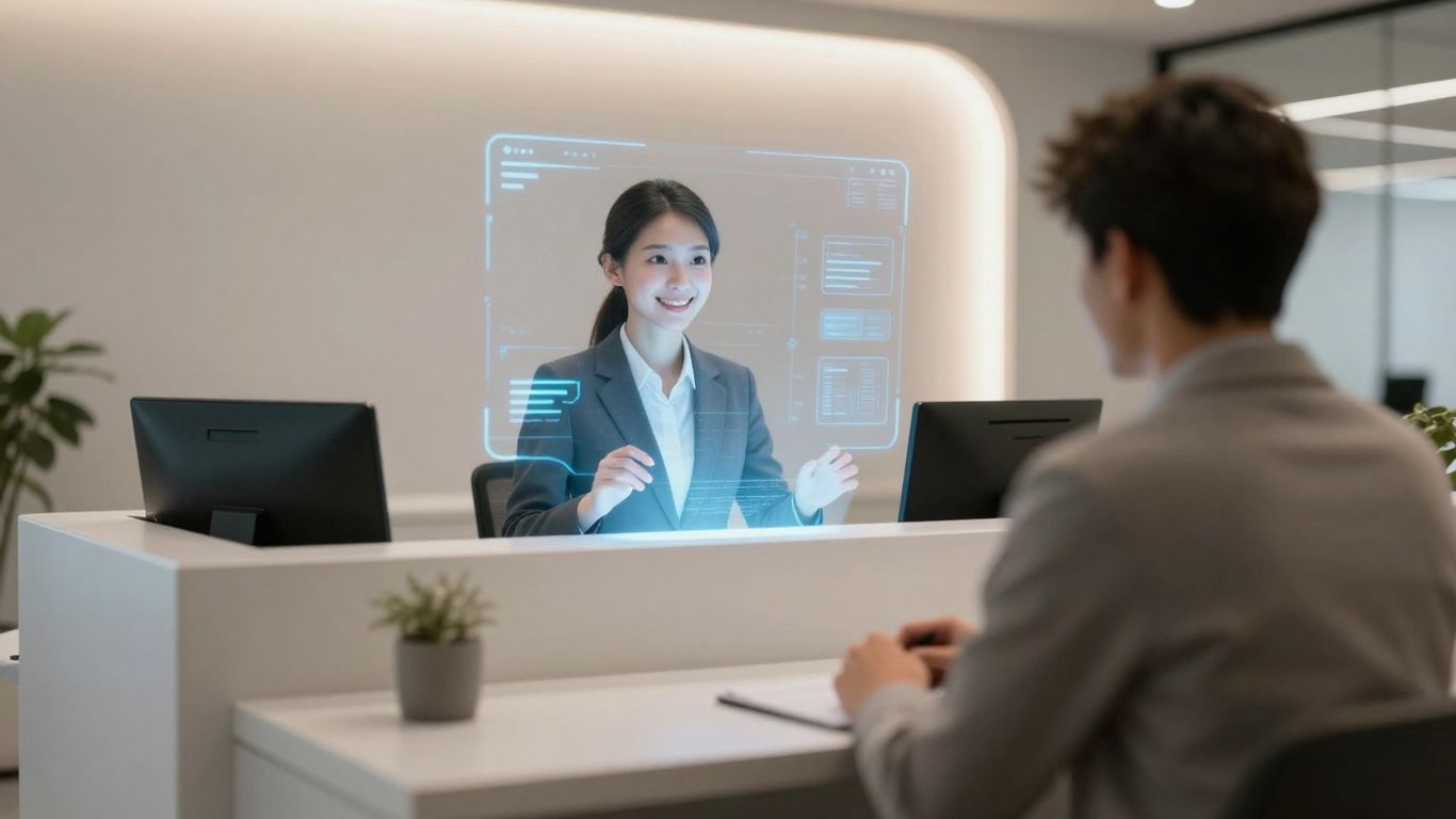 AI virtual receptionist assisting a client at a modern desk.