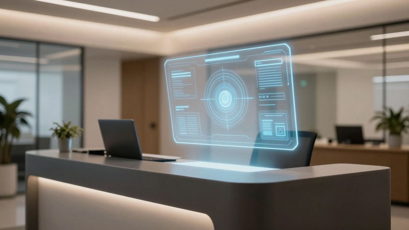 AI voice receptionist interface in a modern office.