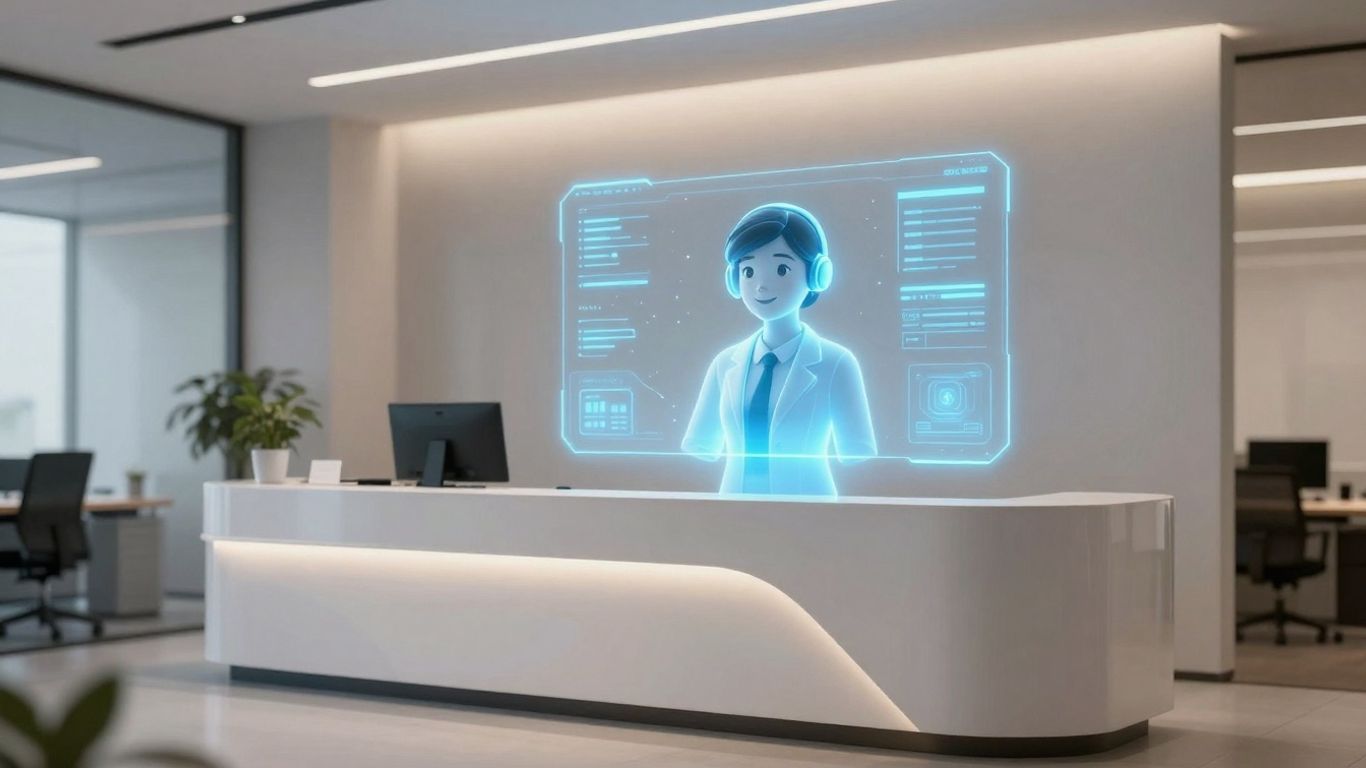 AI voice receptionist interface in a modern office.