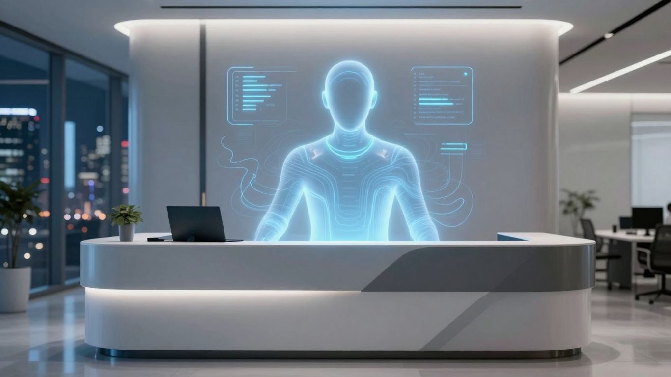 AI receptionist interface in a modern office.