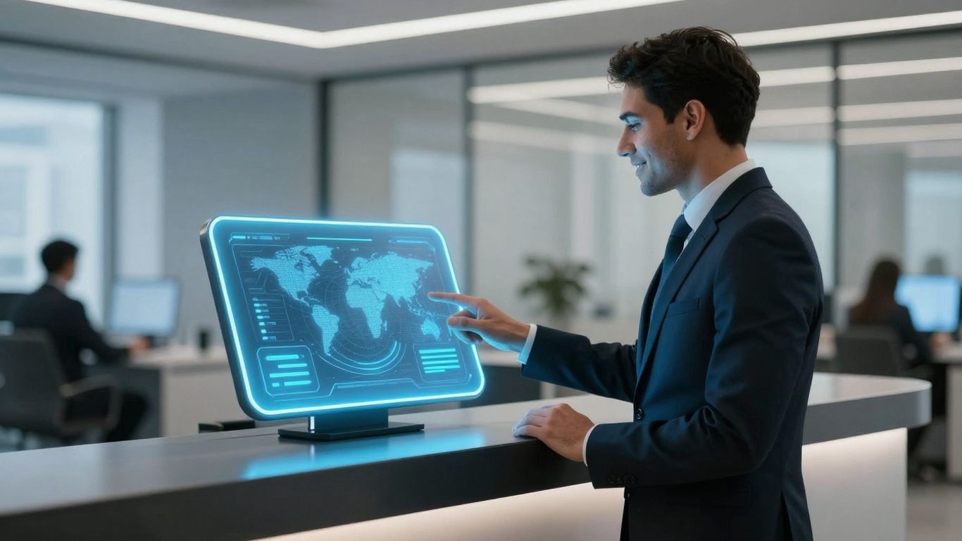 AI receptionist interface in a modern office setting.