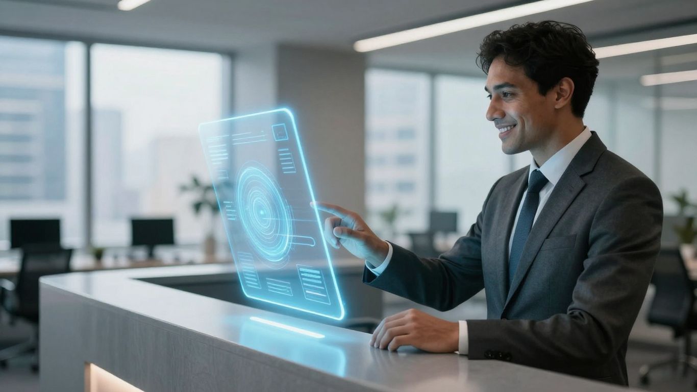 AI receptionist interface in a modern office setting.