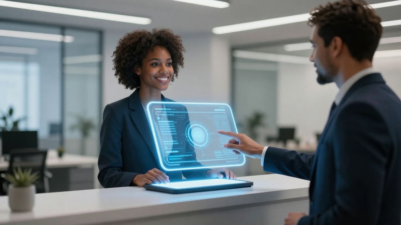 AI receptionist interface in a modern office setting.